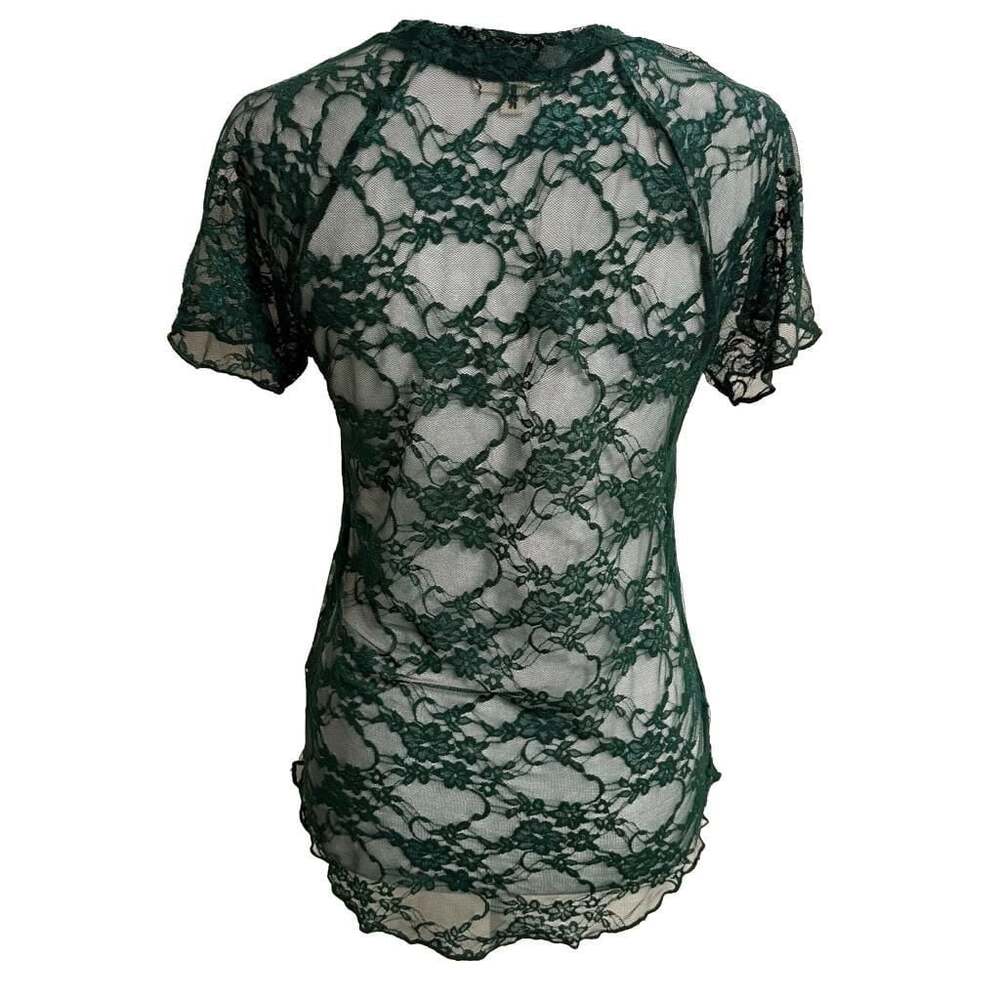 Earthbound  Sheer Lace Fitted Blouse Short Sleeve Green Soft Alt Grunge Boho L